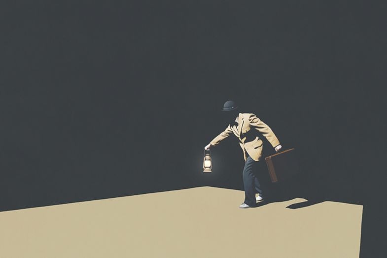 Illustration: man with lantern but with head and face covered Illustration: man with lantern but with head and face covered