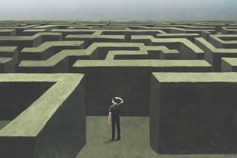 Illustration: man in a maze stands still and scratches his head Illustration: man in a maze stands still and scratches his head
