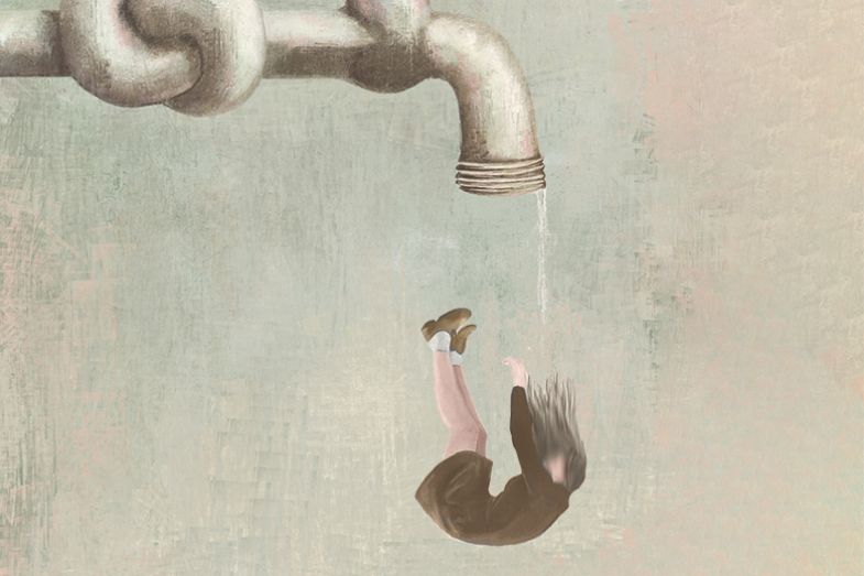 Illustration: a woman falls out of a leaky tap Illustration: a woman falls out of a leaky tap