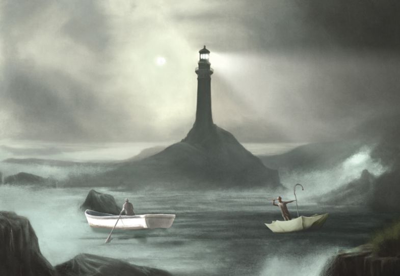 Illustration of lighthouse illuminating a marine bay, seascape Illustration of lighthouse illuminating a marine bay, seascape
